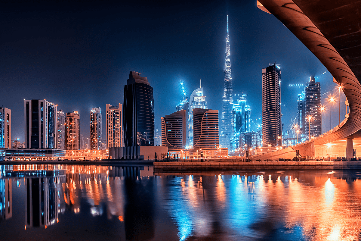Lit up city at night